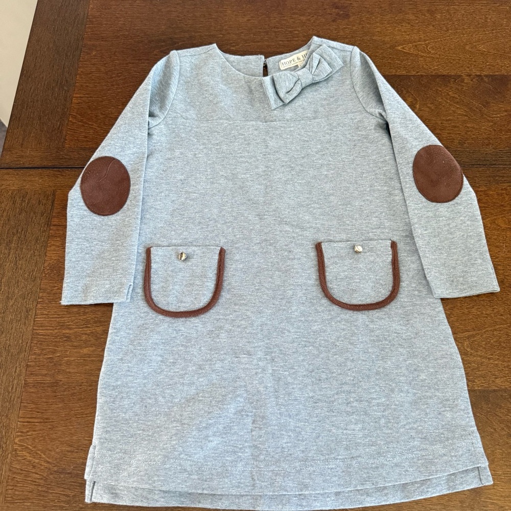 Gray Long Sleeve Crew Neck Casual Dress with Brown Accents